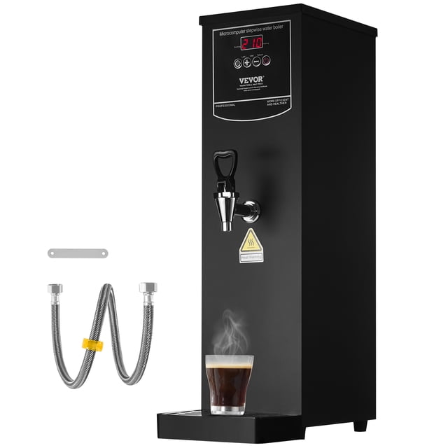 VEVOR Distributeur d'Eau Chaude Électrique Commercial de 15 L en Acier Inoxydable Noir avec Affichage Numérique de la Température, Robinet durable et Plateau d'Égouttement. Comprend un Tuyau d'Entrée d'Eau, un Support de Montage et un Manuel d'Utilisateur. Conçu pour une Utilisation à Grande Capacité, Il Offre jusqu'à 50 Litres d'Eau Chaude par Heure avec des Températures Réglables de 104 °F à 201 °F. Idéal pour Bureaux, cafés et restaurants.