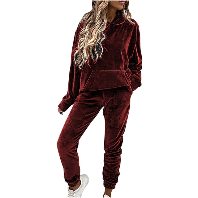 Yuyuzo Womens Velour Sweatsuits 2 Piece Outfits Hooded Pullover Sweatshirt Sweatpants Tracksuits Matching Set