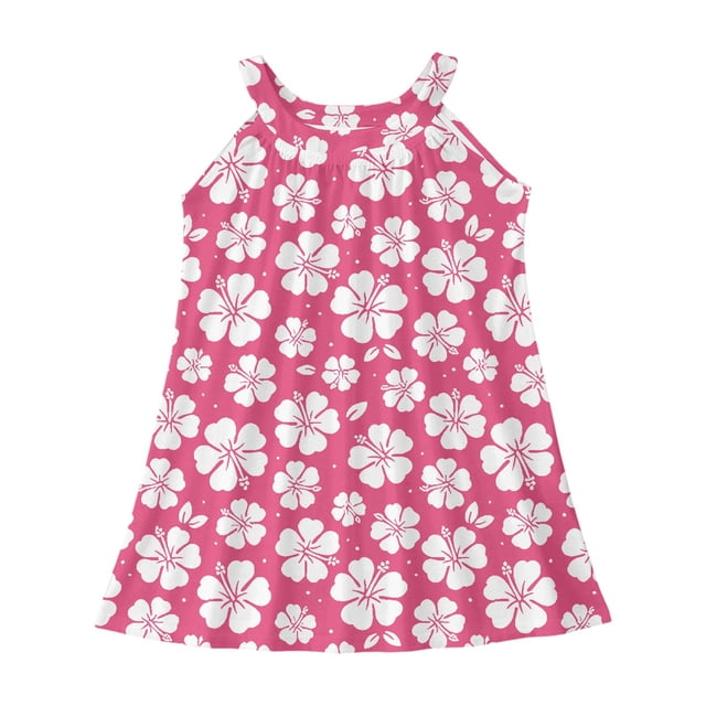 WEIYLL Robes Préadolescentes pour Filles Plage Couverture de Bain Sans Manches Imprimé Fleur de Palmier Volants Rose Vif Robe 4-5 Ans
