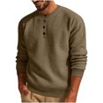 thumbnail image 1 of Penkiiy Men's Solid Color 3-Button Round Neck Waffle Long Sleeved Shirt Brown, 1 of 8