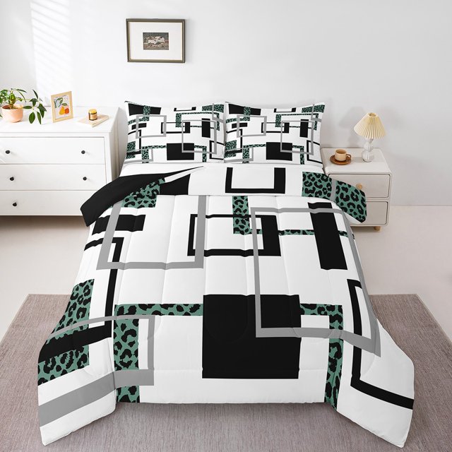 YST Literie de Style Ferme Moderne, Ensemble de Couette à Rayures Noir Gris Format Grand, Ensembles de Literie Géométriques, Courtepointe Réversible Motif Léopard avec 2 Taies d'Oreiller Déco de Chambre