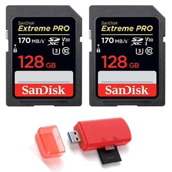 128GB SecureDigital Extreme PRO SDXC UHS-I Card C10,U3,V30 170MB/s - Pack of 2 - with Memory Card Reader