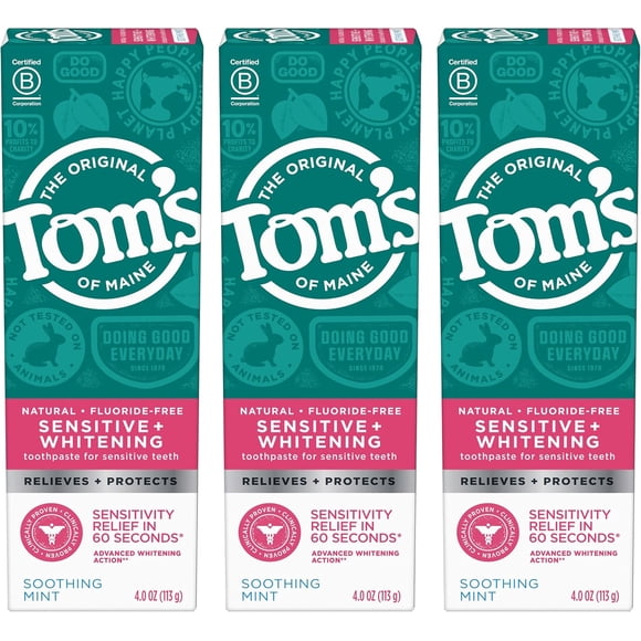 Tom’s of Maine Sensitive + Whitening Fluoride Free Toothpaste, Soothing Mint 4.0 oz 3-Pack