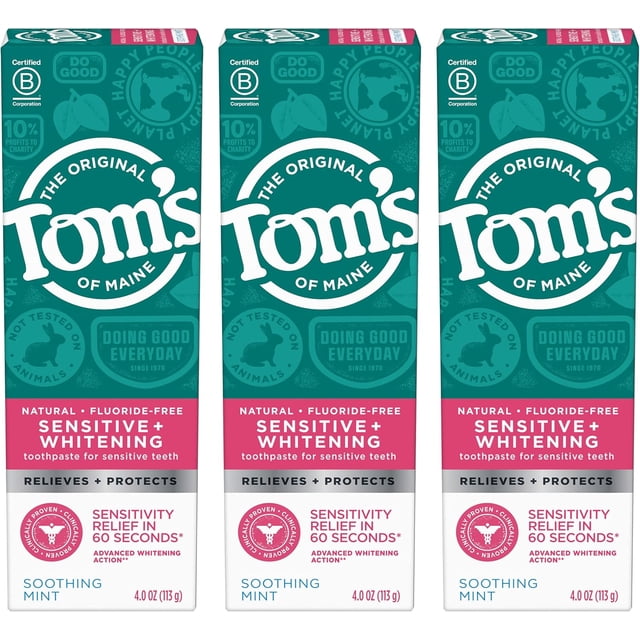 Tom’s of Maine Sensitive + Whitening Fluoride Free Toothpaste, Soothing Mint 4.0 oz 3-Pack