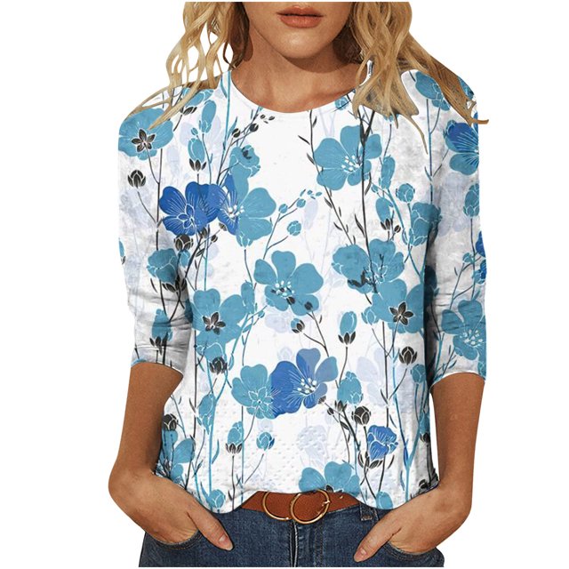 Pompotops T-shirt Ample Imprimé pour Femme Blouse à Manches 3/4 Col Rond Hauts Décontractés Liquidation