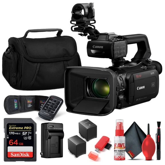 Canon XA70 UHD 4K30 Caméscope avec Mise au Point Automatique Double Pixel (5736C002) + Carte Mémoire 64 Go, Batterie Supplémentaire, Chargeur Supplémentaire, Grand Étui, Trousse de Nettoyage, et Plus (Modèle International)