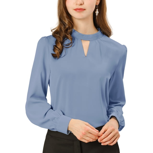 INSPIRE CHIC Women's Keyhole Stand Collar Pleated Back Button Blouse Tops