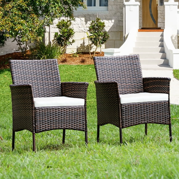 Gymax Patio 2PCS Rattan Arm Dining Chair Cushioned Sofa Furniture Brown