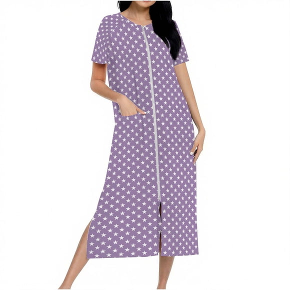 Yanlir Womens Zip Up Robe Long Housecoat Knit Bathrobes Full Length Gradient Color Nightgown with Pockets Comfortable Sleepwear Wear for Home(Purple#1,L)
