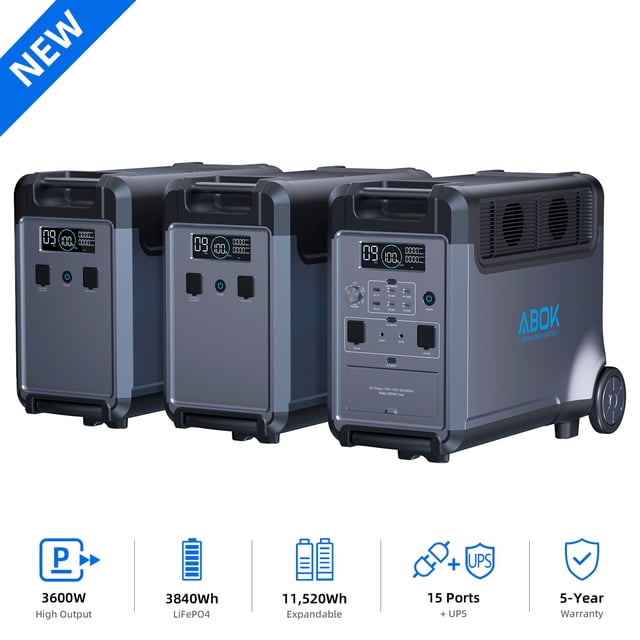 ABOK Ark3600 Solar Generator With Two Extra Battery Pack 3840B, Expandable to 11520Wh, Power Station for Home Backup Activity