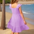 thumbnail image 3 of XIMIN Robes Décontractées pour Filles, Robe Midi à Encolure Carrée Froncée avec Manches à Volants et Poches, Sans Manches, Fluide, Robe d'Été pour la Plage, les Vacances et le Quotidien (Violet, 9-10 Ans), 3 of 5