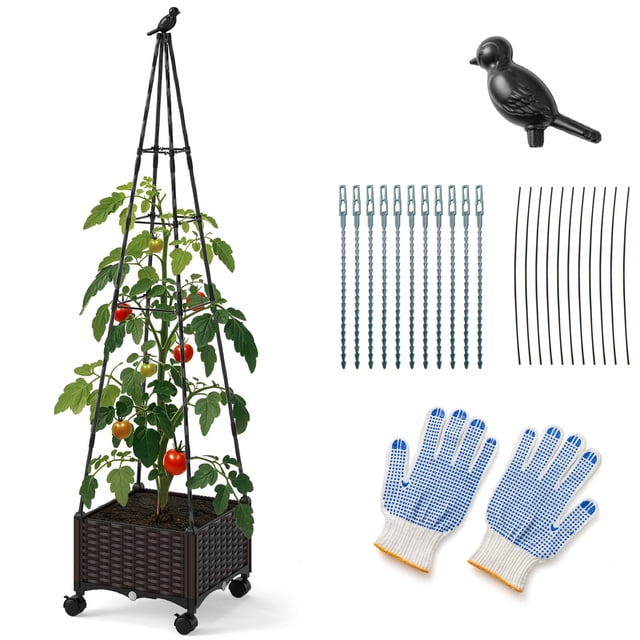 Costway 1 PCS Jardinière Surélevée avec Bac à Plantes et Treillis Obélisque, Roues Verrouillables, Cage Jardinière
