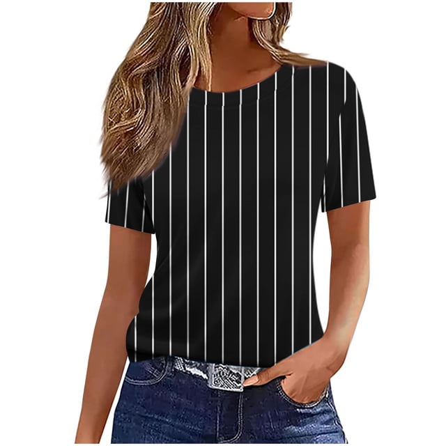 Atogsazn T-Shirt d'Été à Manches Courtes pour Femme, Décontracté et Chic, Col Rond, Tunique, Haut Basique, Vêtements pour Femmes, Noir, G, Mode