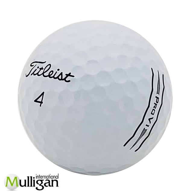 Mulligan - 48 Titleist Pro V1 D-Line 5A Recycled Used Golf Balls, White showing a close-up of a single white golf ball with dimpled surface, black Titleist logo, number 4, and Pro V1 D-Line markings, suitable for advanced golfers and eco-friendly practice rounds.