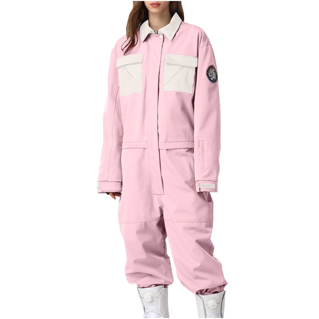 Timegard Winter Women Snowsuit Lapel Neck Long Sleeve Loose Rompers Outdoor Ski Active Athletic Windproof Jumpsuit