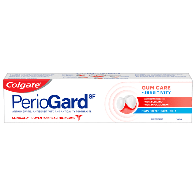 Colgate PerioGard SF Gum Care Sensitive Toothpaste 105 mL box with red and blue text, clinically proven to reduce gum bleeding and inflammation, prevent sensitivity, and provide anticavity and antigingivitis protection for healthier gums.