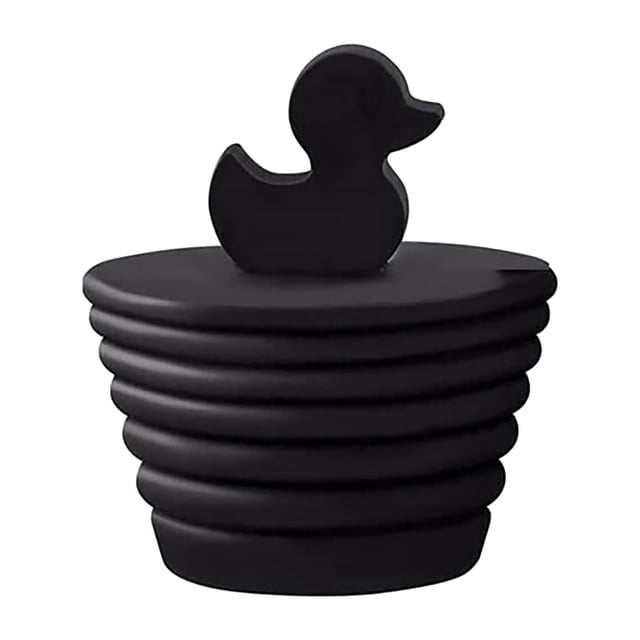 DPTALR Silicone Bathtub Plug with a conical screw design, black rubber sealing surface, and a decorative duck-shaped top. Made from soft, non-toxic silicone, it measures 4.6x3.5x3cm and weighs 28g. Suitable for bathroom floor drains, high-temperature applications, and as a stylish bathroom accessory.