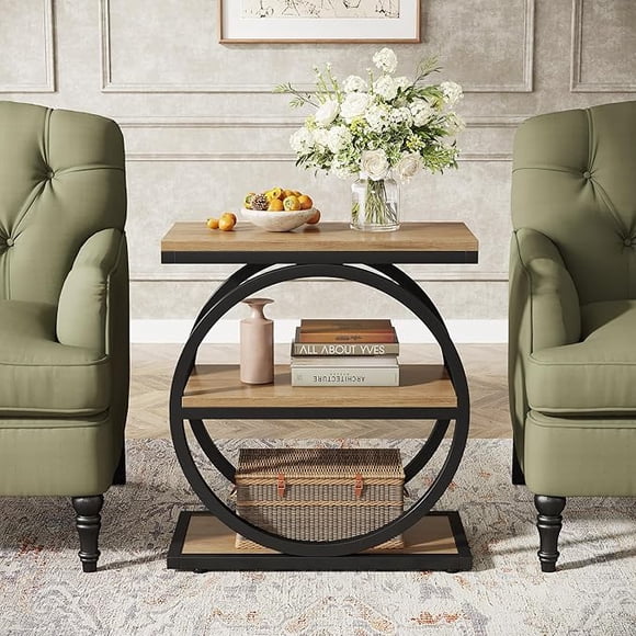 Tribesigns End Table with 3 Storage Shelves, Wood Side Table with Black Metal Frames, Oak