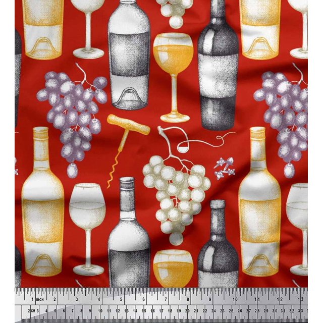 Soimoi Moss Georgette Fabric Grapes,Wine Glass & Bottle Decor Fabric Printed Yard 42 Inch Wide