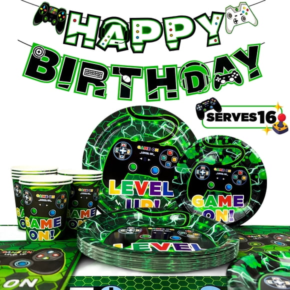Articles de Fête de Jeux Vidéo, Ensemble de Vaisselle de Fête de Jeux Vidéo 66 Pcs - Assiettes Vertes Serviettes Gobelets Nappe Décorations Bannière etc. Articles de Fête d'Anniversaire de Gaming