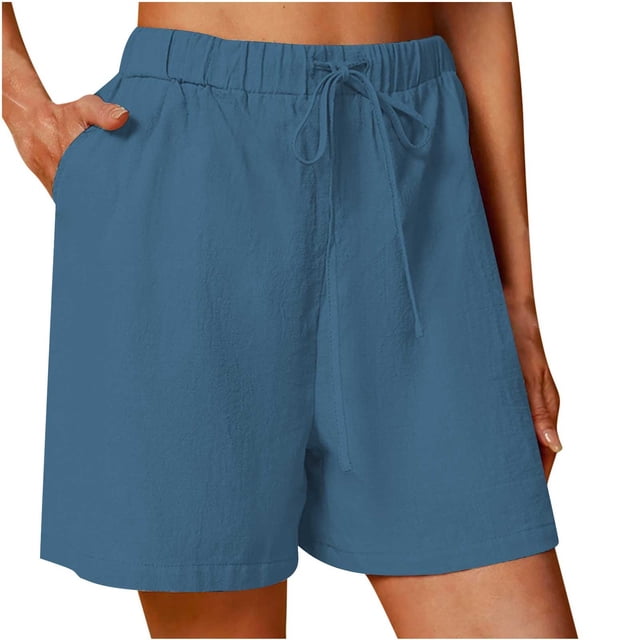 VEKDONE Women's Cotton Linen Shorts Summer Loose Fit Plus Size Lounge Pants Elastic High Waisted Drawstring Pant with Pockets Solid Color Comfy Beach Pant