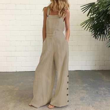 LSLJS Women Loose Jumpsuit Casual Suspender Pants Wide Leg Solid Buttons Overalls Gifts for Women