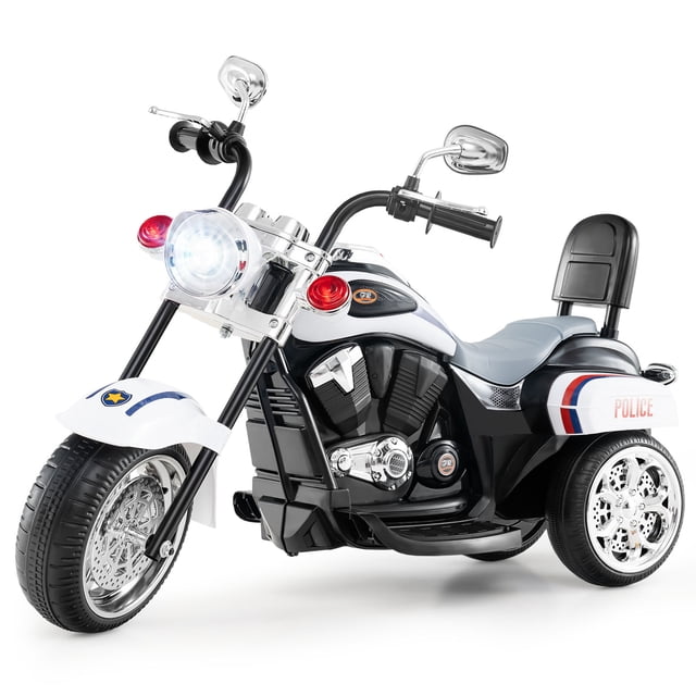 Gymax 6V Electric Kids Motorcycle 3-Wheel Ride On Toy in white, featuring a sturdy three-wheel design for stability, adjustable LED headlight, and realistic engine and horn sound effects. Designed for children aged 3 and up, it includes a comfortable saddle seat with backrest, wear-resistant tires, and intuitive controls like a steering handlebar and foot pedal. Powered by a 6V rechargeable battery and 18W motor, it offers a safe speed range of 1.55-1.86 mph. The motorcycle is shown in a front-side view, highlighting its detailed design and police-themed decals.