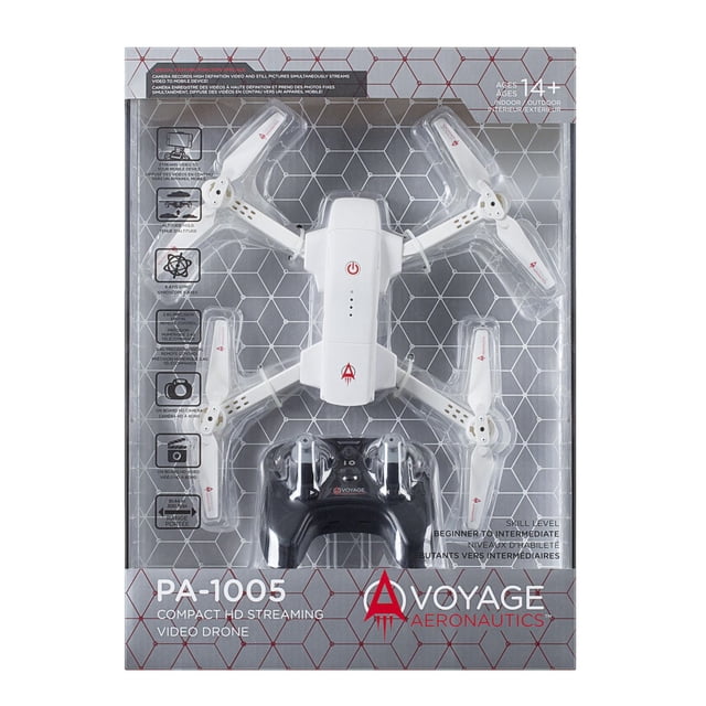 PA-1005 compact HD streaming video drone by Voyage Aeronautics, white quadcopter with four propellers and black remote controller in retail packaging, featuring altitude hold, 6-axis gyro stabilization, 300-foot flight range, and live HD video streaming to mobile devices, ideal for beginner to intermediate pilots aged 14 and up.