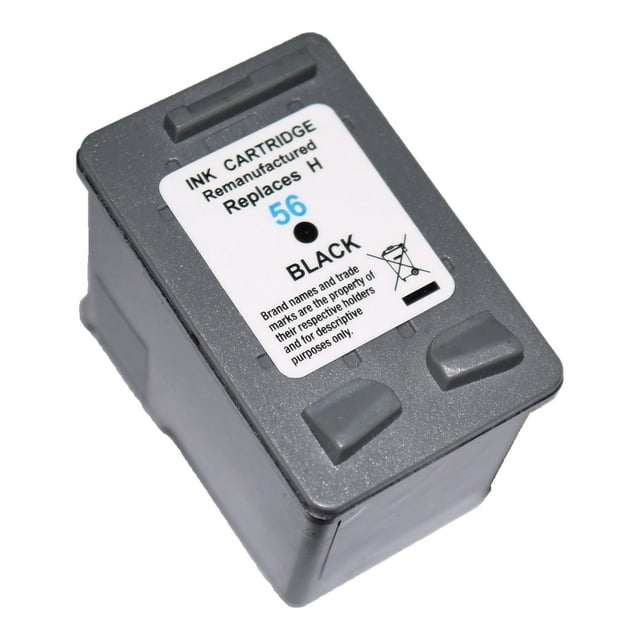 L-ink Compatible HP 56 Black Ink Cartridge (C6656AN) shown in a close-up angled view, featuring a rectangular dark gray plastic body with a white label indicating it is a remanufactured black ink cartridge replacing HP 56, suitable for various HP printers and certified for quality and efficiency in printer supplies.