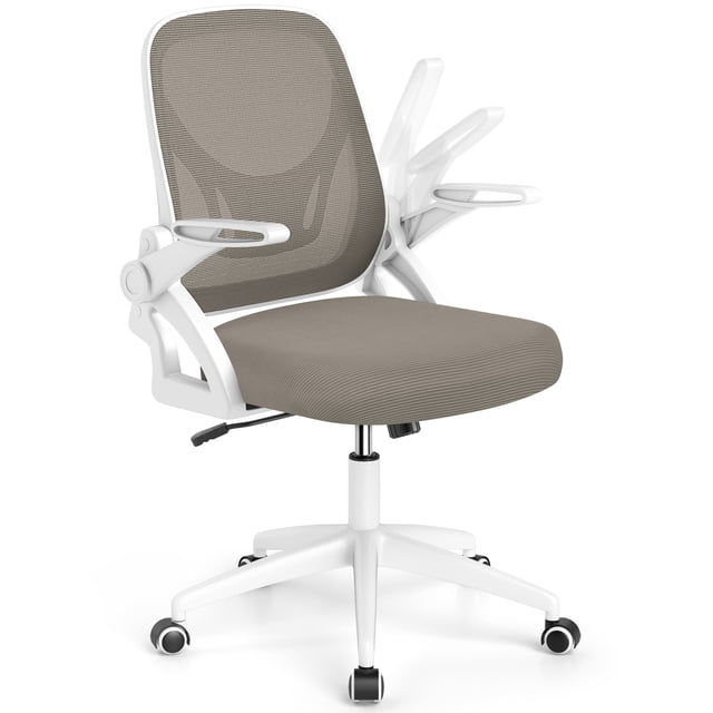 Costway Mesh Office Chair with Lumbar Support & Flip-up Arms Rolling Casters for Work displayed in a front-facing view. Features a grey breathable mesh backrest with an ergonomic S-shaped design and built-in lumbar support for posture alignment. Includes a padded grey sponge seat, adjustable seat height, rocking function, and 360° swivel capability. The chair has white flip-up armrests for space-saving design and a sturdy 5-claw base with smooth rolling casters. Ideal as an ergonomic office chair, it supports up to 330 lbs.