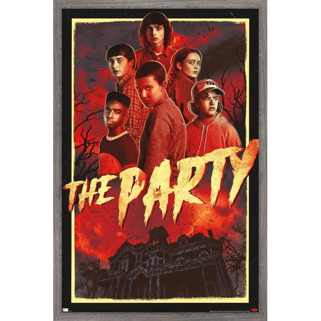 Netflix Stranger Things : Saison 4 - l'Affiche Murale de la Fête avec Cadre Magnétique, 22,375 Po x 34 Po Présente une Affiche Encadrée Lustrée avec une Oeuvre Haute Résolution de six Personnages contre un Ciel Rouge Ardent et des Arbres Sombres au-Dessus d'Une Grande Maison Inquiétante. Texte Jaune Audacieux « la Fête » Est Exposé au Centre, Convient à la Déco Maison et à la Décoration de Fêtes à Thème.