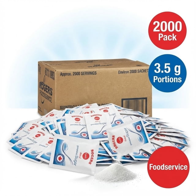 Rogers Granulated White Sugar Portion Packets 3.5g Bulk (2000/Case) displayed with a cardboard box labeled 'Rogers Foodservice' and approximately 2000 individual sugar packets arranged in front. Each packet features the Rogers logo and branding, with a small pile of granulated sugar visible in the foreground. Red and blue circular labels highlight '2000 Pack' and '3.5 g Portions.'