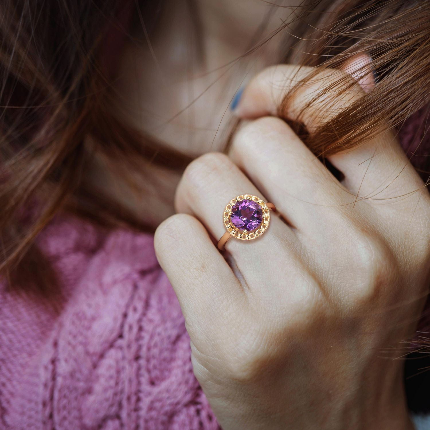 Bague maillon tressée à auréoles Miabella avec 2-1/4 Carat PBT d'Améthyste en Argent Sterling Plaqué Jaune