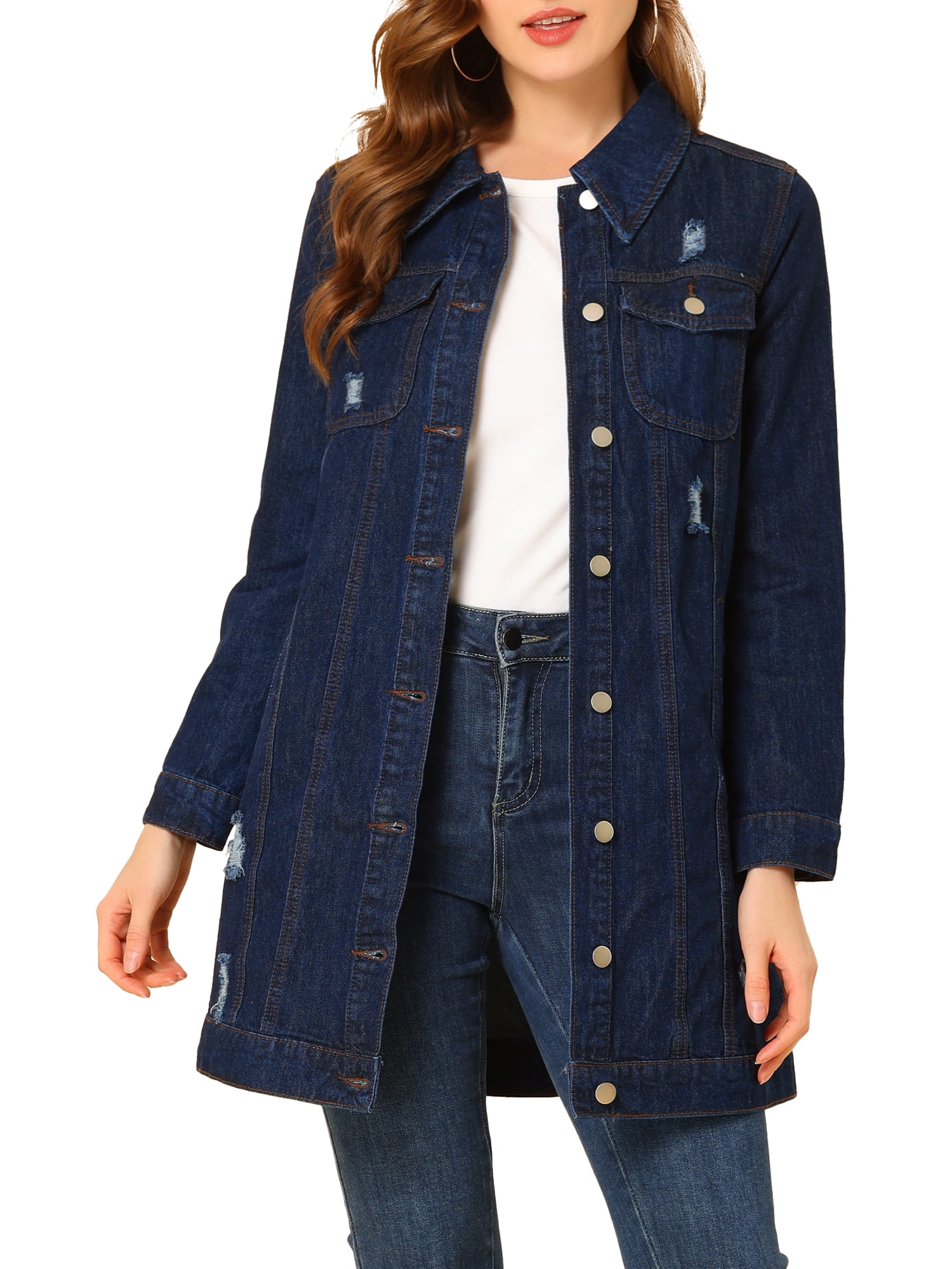 INSPIRE CHIC Veste en Denim Longue Décontractée pour Femme à Manches Longues, Boutonnée, Usée, TP Bleu Foncé