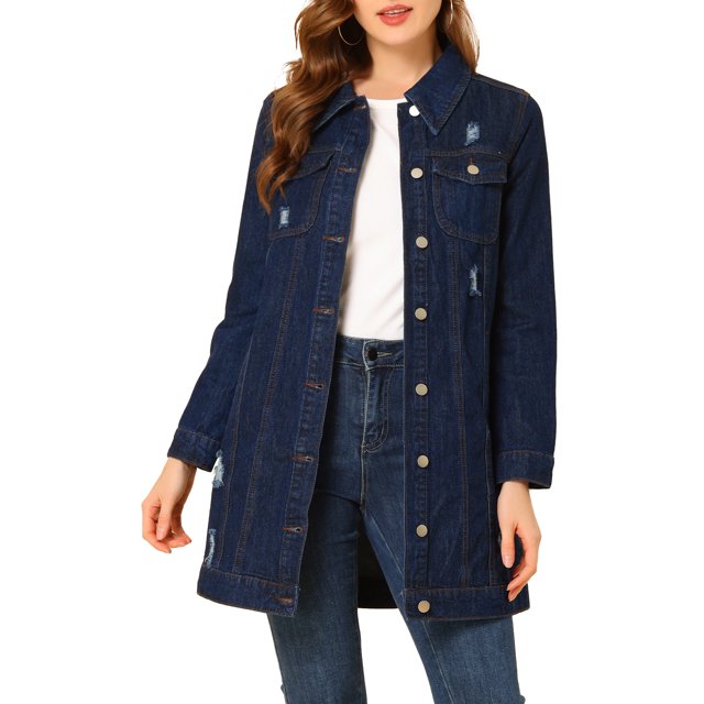INSPIRE CHIC Veste en Denim Longue Décontractée pour Femme à Manches Longues, Boutonnée, Usée, S Bleu Foncé