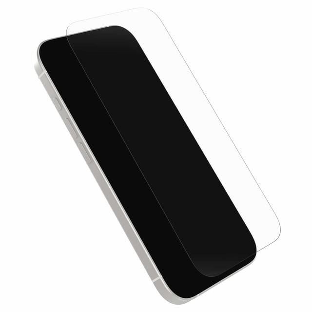 OtterBox Glass Screen Protector Clear for iPhone 17 shown as a transparent tempered glass layer positioned above a silver iPhone 17 with a black screen, designed for drop and scratch protection while maintaining screen clarity and touch responsiveness.