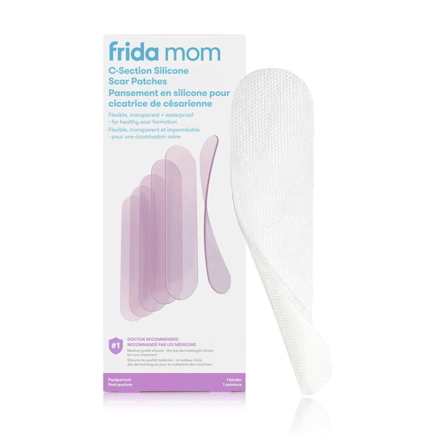 Frida Mom Patchs en Silicone pour Césarienne Scar, Ensemble avec Bandes de Silicone de Qualité Médicale Flexibles, Transparentes et Imperméables pour le Traitement des Césariennes, Montré avec un patch en Silicone Blanc Texturé, Présentant un Texte Bilingue Anglais et Français Mettant en Valeur la Recommandation d'Un Médecin et les Bienfaits des Soins des Césariennes.