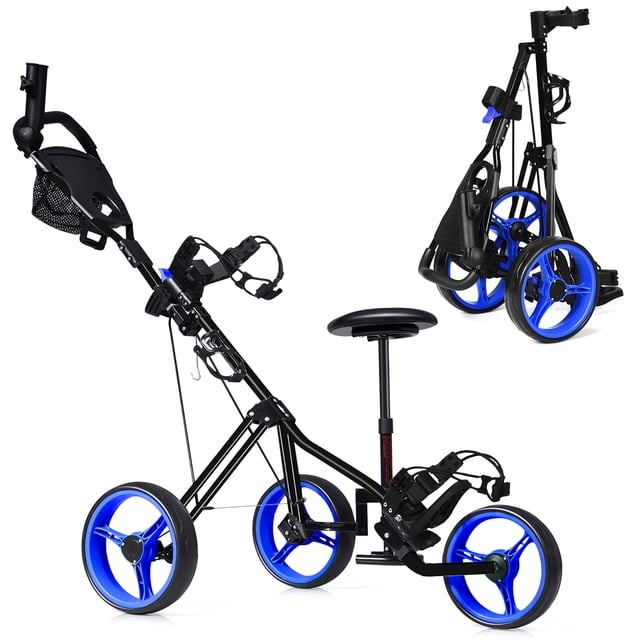 Costway Chariot de Golf Pliable à 3 Roues à Pousser et Tirer avec Siège, Tableau de Bord, Sac, Bleu