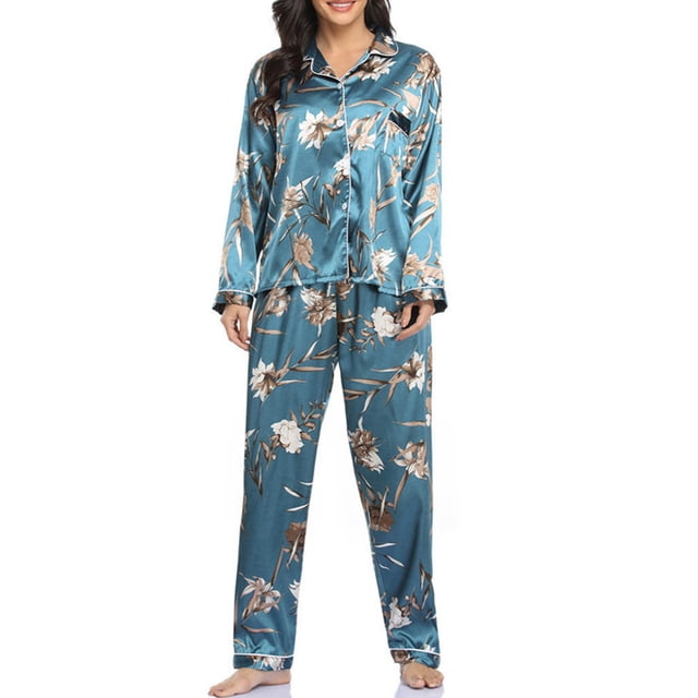 EQWLJWE Ensemble de Pyjama en Satin pour Femme, Ensemble de Lingerie 2 Pcs à Boutons en Petite Taille. l'Ensemble Présente un Tissu Satin Sarcelle avec Imprimé floral, Incluant un Haut à Manches Longues Boutonné avec Col Rabattu et un Pantalon Pleine Longueur Assorti. Conçu pour le Confort et le style, Ce Pyjama Deux Pièces Convient aux Détente Décontractée Ou au Port Nocturne.
