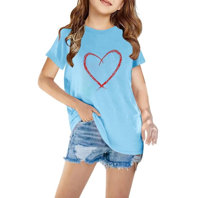 Rbaofujie Girls Graphic Tees Short Sleeve Heart Printed Shirts Blouse Tops