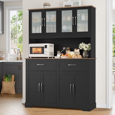 Homfa Buffet de Cuisine de 71 Po de Hauteur à 2 Tiroirs, Vaisselier, Armoire de Rangement Autoportante à 4 Portes, Noir