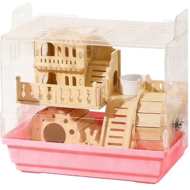 Solid Wood Acrylic Hamster Cage Large Space with Feeding Box & Accessories