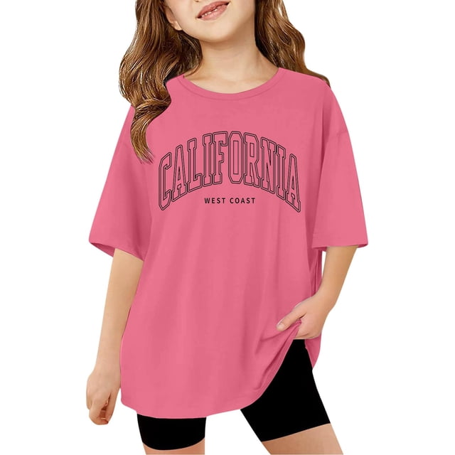 TIEVOSA Children Girls Short Sleeve T Shirts Summer Oversized Tops Casual Crewneck Basic Tees for 11-12 Years(Hot Pink)