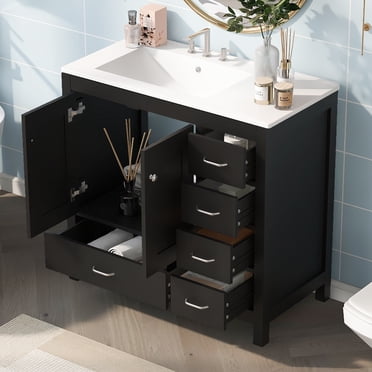 36" Bathroom Vanity with Ceramic Sink Combo, Abundant Storage Cabinet -2 Soft-close doors and 5 drawers,Black