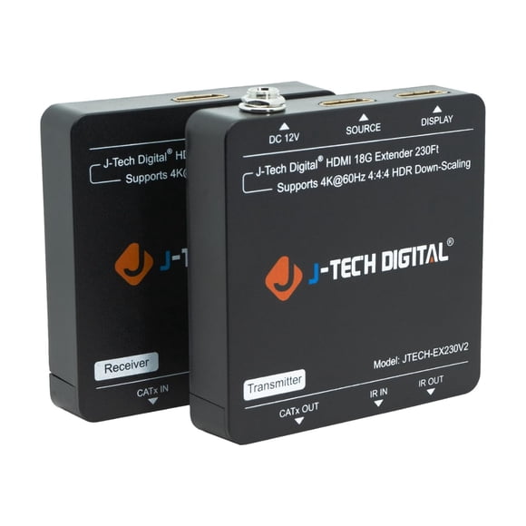 HDMI Extender 4K 60Hz Over Cat5e/6 Ethernet Cable Up to 230ft. Supports 4K Downscale HDMI Loop Out PoC HDR Bi-Directional IR by J-Tech Digital [JTECH