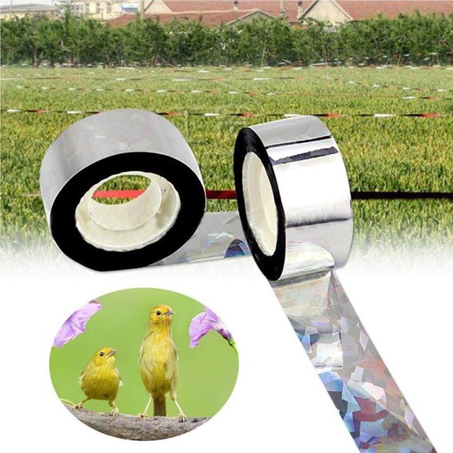Reflective Bird Repellent Tape Scare Tapes Ribbon with high reflectivity, shown in silver color with a holographic pattern. Made of durable polyester film, it is designed to deter birds by creating metallic noise and reflective flashes. The image displays two rolls of the tape, one partially unrolled, with a background of a field and an inset of two yellow birds perched on a branch. Suitable for orchards, lawns, yards, and home decoration.
