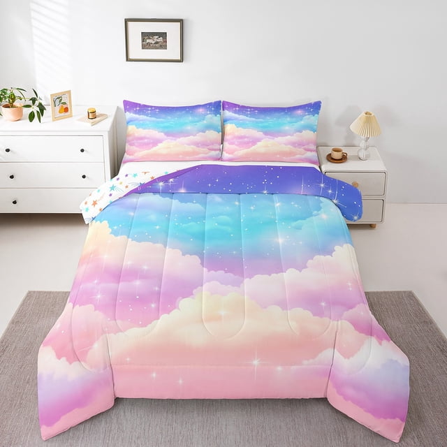Erosebridal Dreamy Galaxy Stars Bedding Todder Comforter Set, Rainbow Clouds Down Comforter, Reversible 2 Pieces