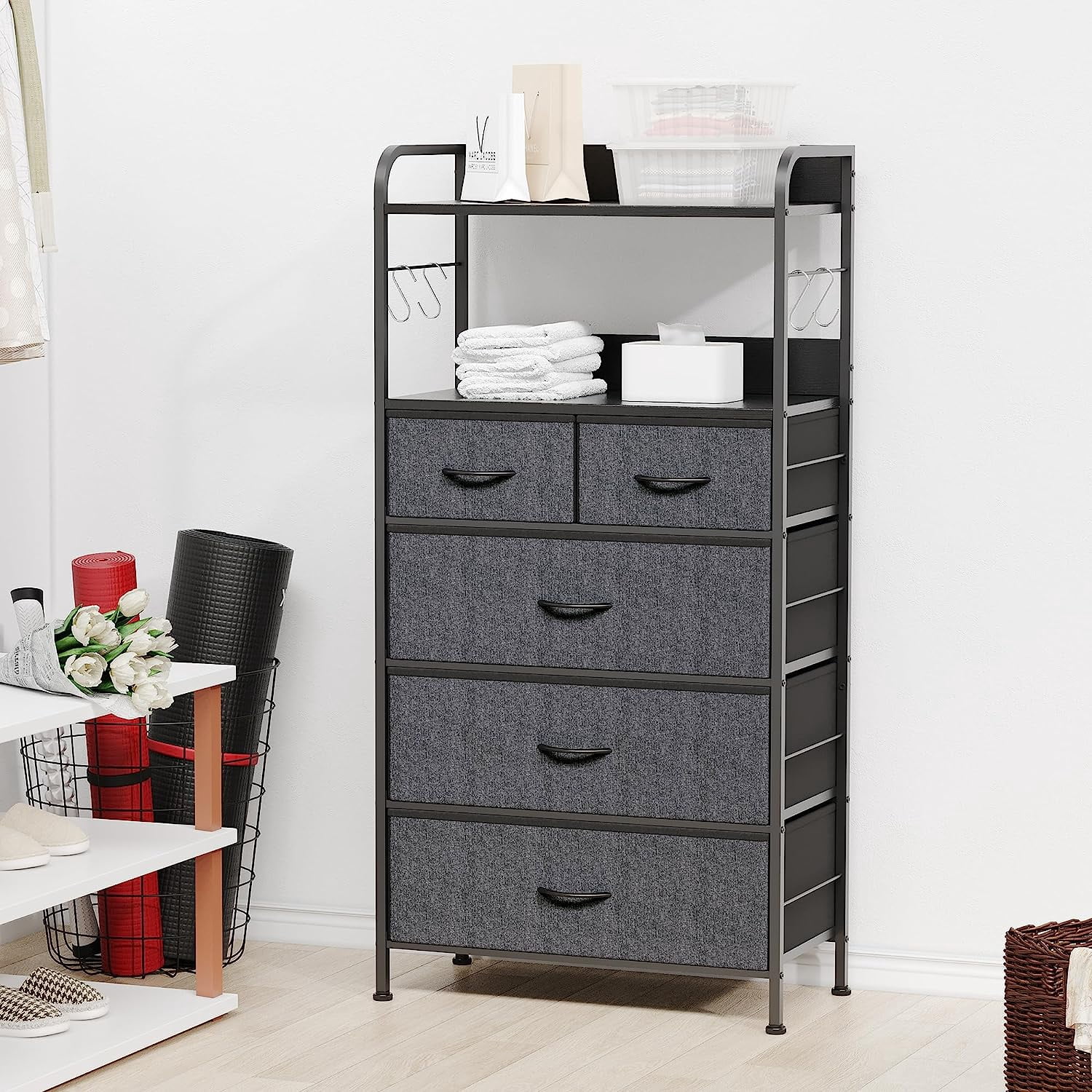 Tall Dresser for Bedroom With 5 Drawers, Chest of Drawers, Metal Frame, Fabric Dresser Storage Tower With Open Shelf, Hooks, Tall Chest Organizer Unit for Hallway, Living Room, Closet (Dark Grey)
