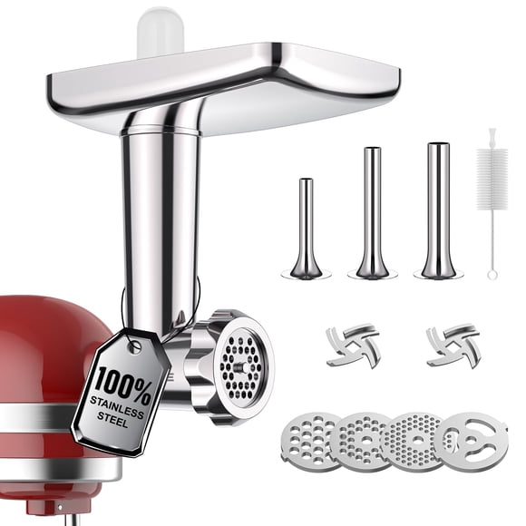 GVODE Stainless Steel Meat Grinder Attachment for KitchenAid Stand Mixer, Meat Grinder for KitchenAid Includes 4 Grinding Plates & 3 Sausage Tubes, D