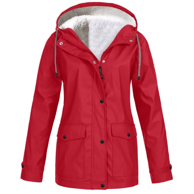 Dvkptbk Vestes à Capuche pour Femmes, Veste de Pluie Unie, Vestes d'Extérieur, Imperméable à Capuche Coupe-Vent de Couleur Rouge Vif. Cet Imperméable pour Femmes Présente une Capuche avec Cordons de Serrage Ajustables, Manches Longues avec Poignets Boutonnés, et une Fermeture à Bouton avant. la Veste Comprend Deux Poches à Rabat avant et une Douce Doublure en Molleton Blanc pour Plus de Confort et de Chaleur. Fabriquée en polyester Léger, Elle Est Conçue pour Être Coupe-Vent et Convient aux Activités de Plein Air comme la Randonnée et le camping. Idéale pour une Tenue Décontractée pendant les Saisons d'Automne et d'Hiver.